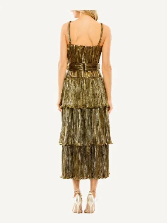 NWT Mac Duggal Antique Gold Pleated Tiered Midi Dress Size 2 - Picture 3 of 6